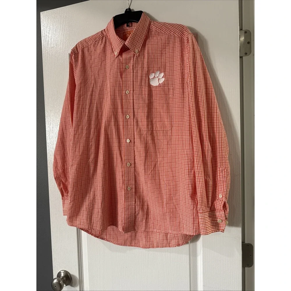 Clemson Tigers Men's Size Large Orange Gingham Button-down Shirt Embroidered Paw - Picture 4 of 6